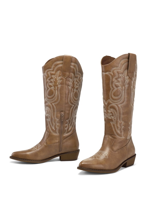 Pennysue Cowboy Boots For Women Light Brown Knee High Western Cowgirl Boots Snip Toe Side Zipper Chunky Heel Size 10