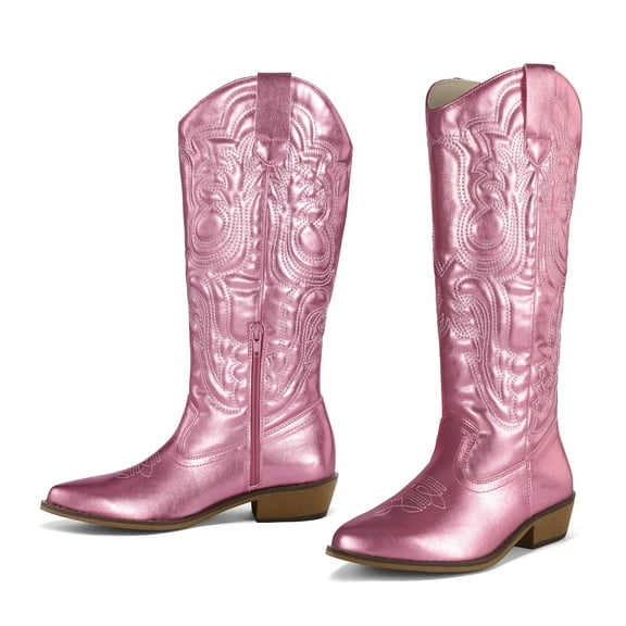 Pennysue Cowboy Boots For Women Pink Knee High Western Cowgirl Boots Snip Toe Side Zipper Chunky Heel Size 6