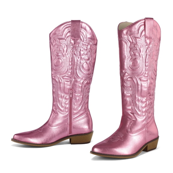 Pennysue Cowboy Boots For Women Pink Knee High Western Cowgirl Boots Snip Toe Side Zipper Chunky Heel Size 7