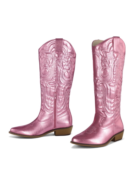 Pennysue Cowboy Boots For Women Pink Knee High Western Cowgirl Boots Snip Toe Side Zipper Chunky Heel Size 8