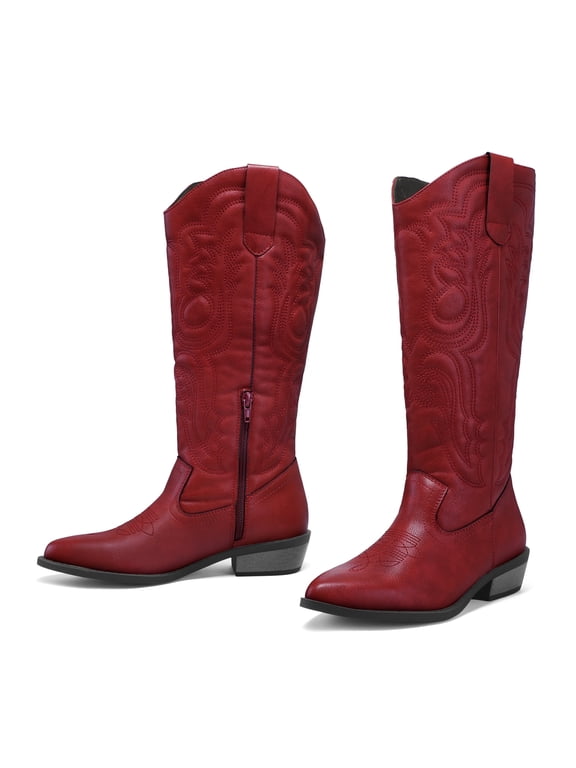 Pennysue Cowboy Boots For Women Red Knee High Western Cowgirl Boots Snip Toe Side Zipper Chunky Heel Size 11