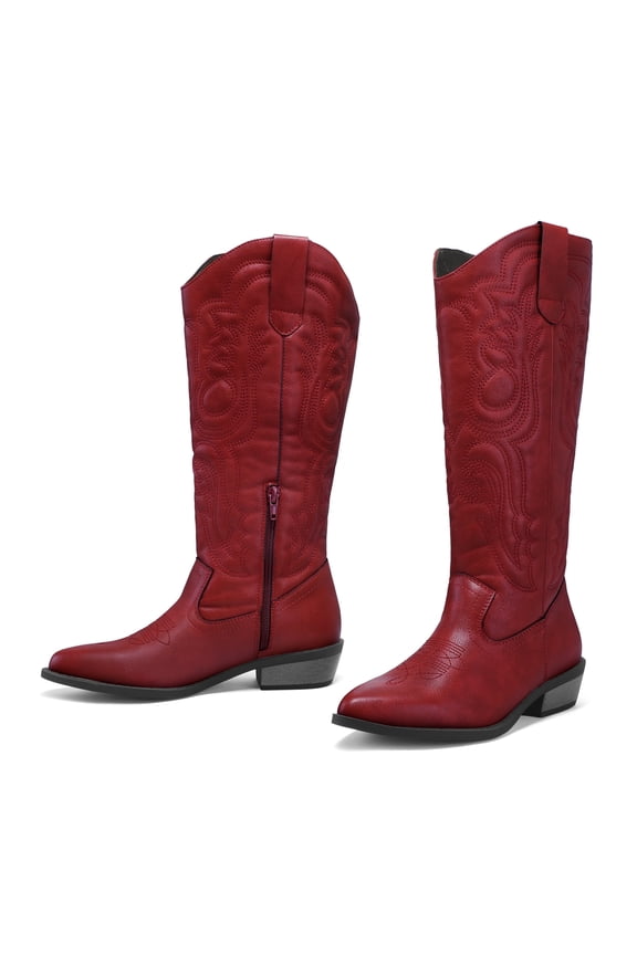 Pennysue Cowboy Boots For Women Red Knee High Western Cowgirl Boots Snip Toe Side Zipper Chunky Heel Size 11