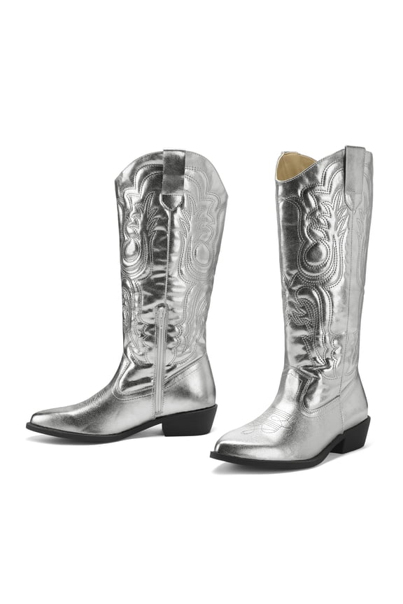 Pennysue Cowboy Boots For Women Silvery Knee High Western Cowgirl Boots Snip Toe Side Zipper Chunky Heel Size 10