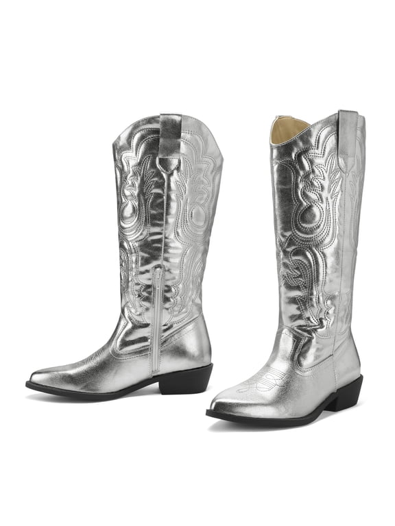 Pennysue Cowboy Boots For Women Silvery Knee High Western Cowgirl Boots Snip Toe Side Zipper Chunky Heel Size 11
