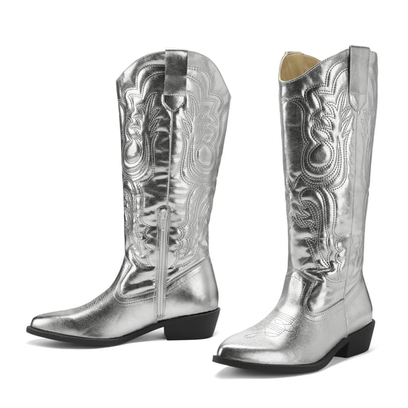 Pennysue Cowboy Boots For Women Silvery Knee High Western Cowgirl Boots Snip Toe Side Zipper Chunky Heel Size 7