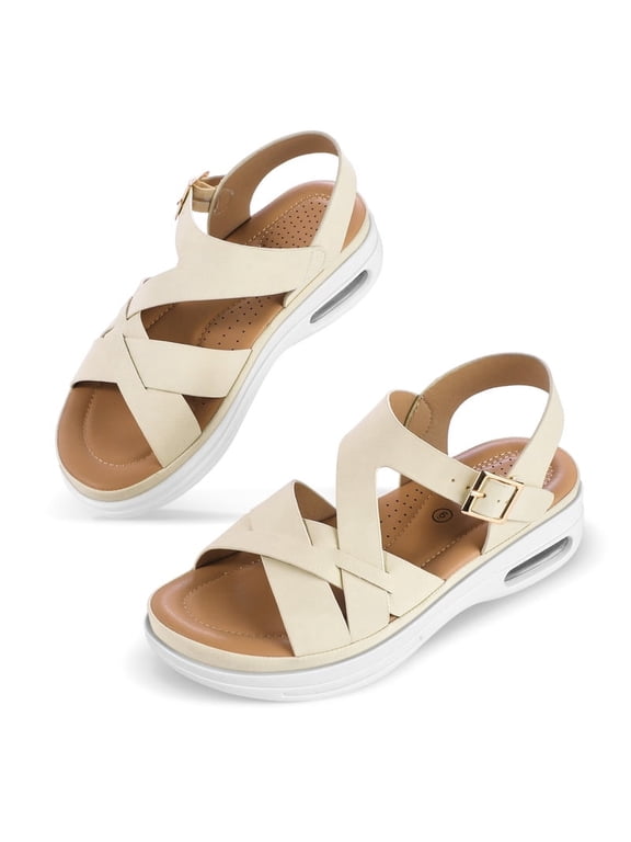 Pennysue Women Air Cushioned Walking Sandals Comfortable Ankle Strap Support Casual Daily Dress Sandals Platform Shoes