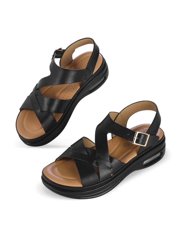 Pennysue Women Air Cushioned Walking Sandals Comfortable Ankle Strap Support Casual Daily Dress Sandals Platform Shoes
