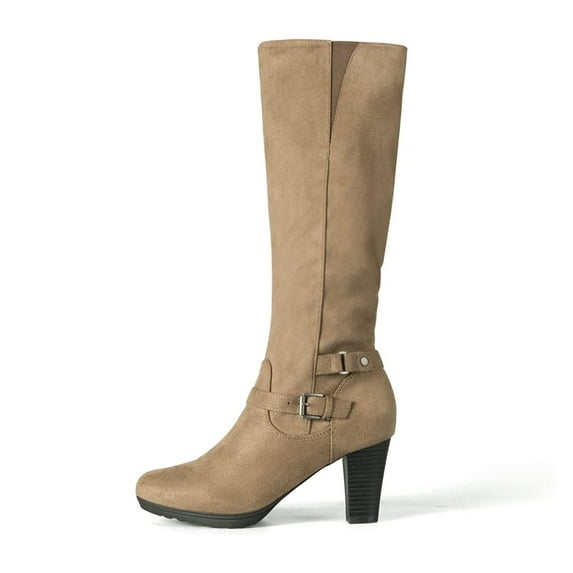 Pennysue Women Knee High Boots Beige Wide Calf Chunky Heel Booties For Women 9.5M