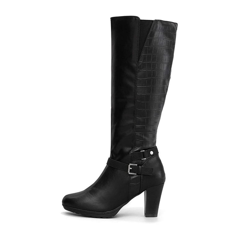 Penny Sue Women Knee High Boots, Black Wide Calf Chunky Heel,