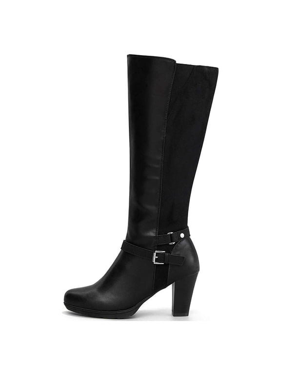 Pennysue Women Knee High Boots Brown PU Wide Calf Chunky Heel Booties For Women 10M