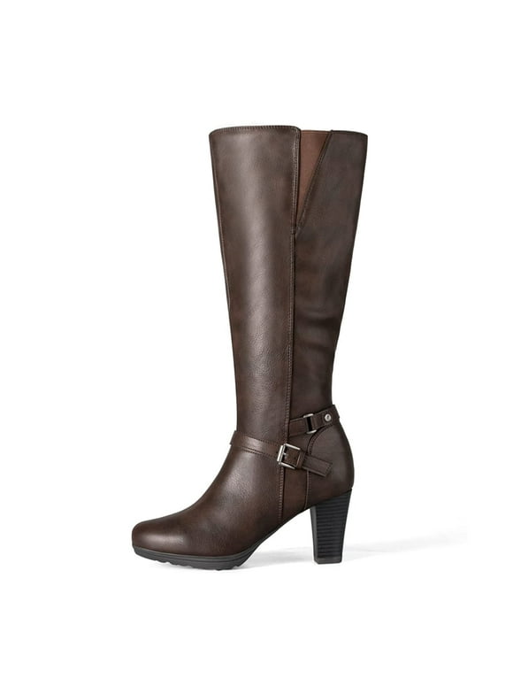 Pennysue Women Knee High Boots Brown PU Wide Calf Chunky Heel Booties For Women 10M