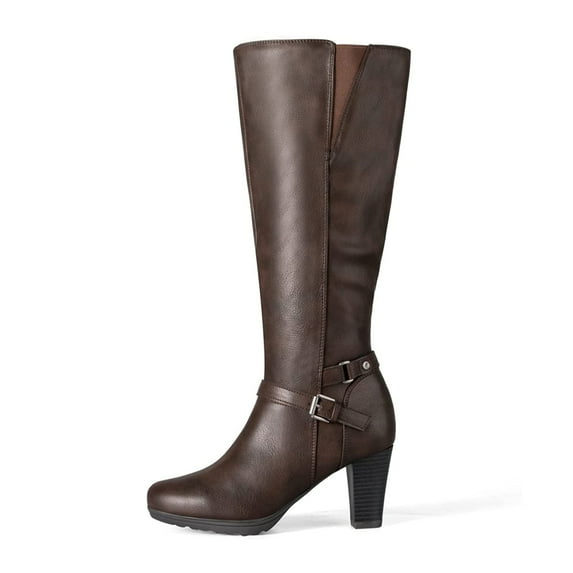 Pennysue Women Knee High Boots Brown PU Wide Calf Chunky Heel Booties For Women 10M