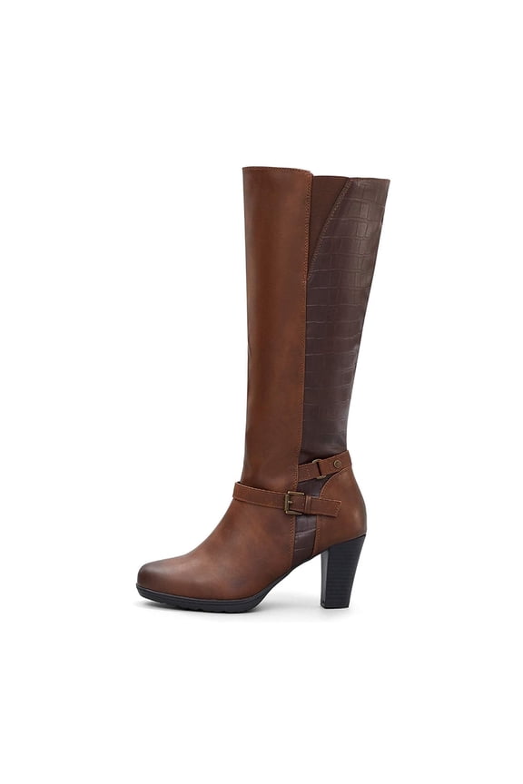 Pennysue Women Knee High Boots Dark Brown Wide Calf Chunky Heel Booties For Women 8.5M