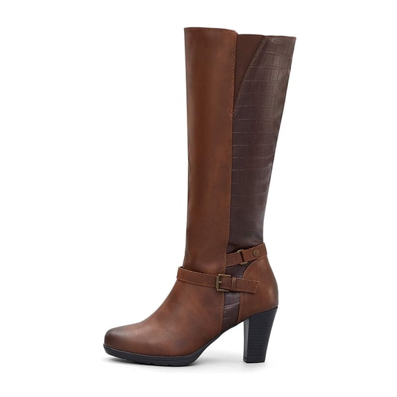 Pennysue Women Knee High Boots Dark Brown Wide Calf Chunky Heel Booties For Women 8M