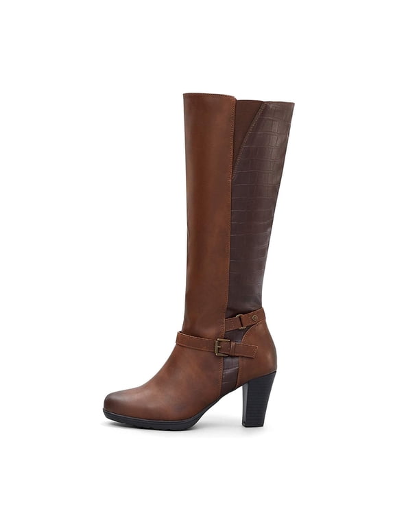 Pennysue Women Knee High Boots Dark Brown Wide Calf Chunky Heel Booties For Women 8M