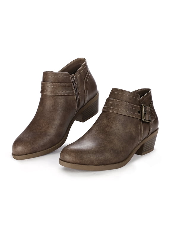 Pennysue Women Low Chunky Stacked Heel Boots Taupe Pu Side Zipper Ankle Booties 11M