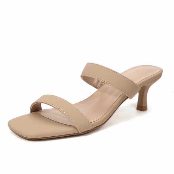 Pennysue Women Square Toe Low Heel Sandals Cushioned Slip On Two Strap Heeled Sandals for Wedding Working Partying