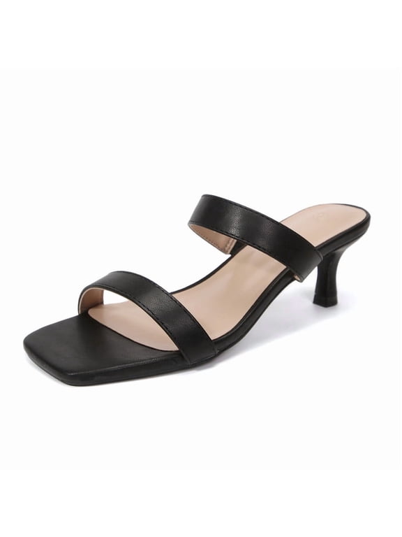 Pennysue Women Square Toe Low Heel Sandals Cushioned Slip On Two Strap Heeled Sandals for Wedding Working Partying