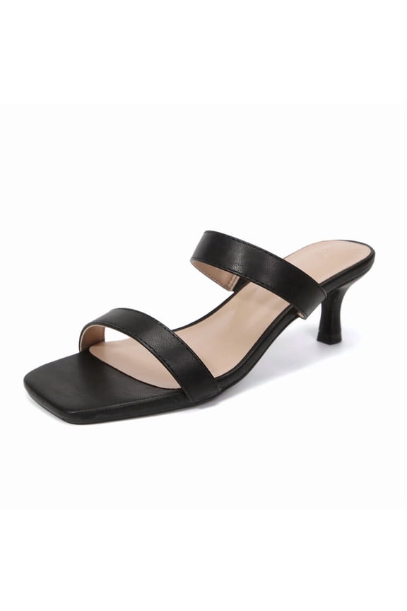 Pennysue Women Square Toe Low Heel Sandals Cushioned Slip On Two Strap Heeled Sandals for Wedding Working Partying