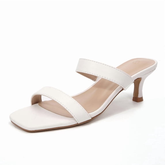 Pennysue Women Square Toe Low Heel Sandals Cushioned Slip On Two Strap Heeled Sandals for Wedding Working Partying