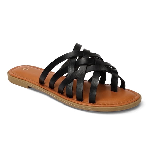 Pennysue Women Strappy Slippers Summer Black Flat Sandals Size 8