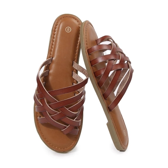 Pennysue Women Strappy Slippers Summer Brown Flat Sandals Size 10