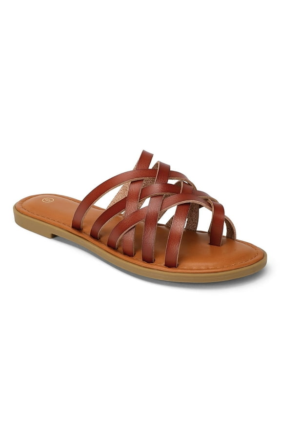 Pennysue Women Strappy Slippers Summer Brown Flat Sandals Size 8
