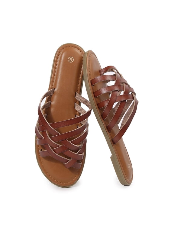 Pennysue Women Strappy Slippers Summer Brown Flat Sandals Size 8