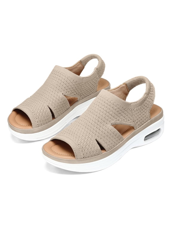 Pennysue Women Walking Sandals Air Cushion Platform Breathable Knit Slip On Summer Shoes for Daily Walk Beach Travel