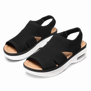 Pennysue Women Walking Sandals Air Cushion Platform Breathable Knit Slip On Summer Shoes for Daily Walk Beach Travel
