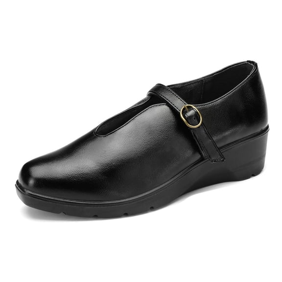 Pennysue Women's Wedge Pumps Mary Jane V Cut Buckle Strap Closed Toe Office Work Shoes Black Size 7