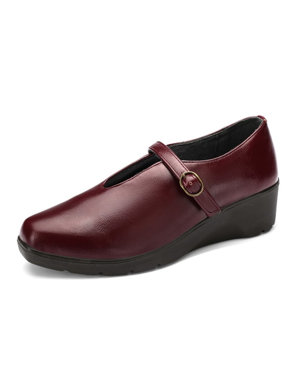 Pennysue Women's Wedge Pumps Mary Jane V Cut Buckle Strap Closed Toe Office Work Shoes Red Size 6