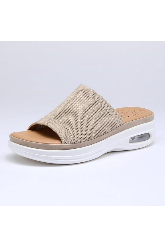 Pennysue Women's Air Cushion Knit Sandals Beige Lightweight Platform Slide Sandals 6M