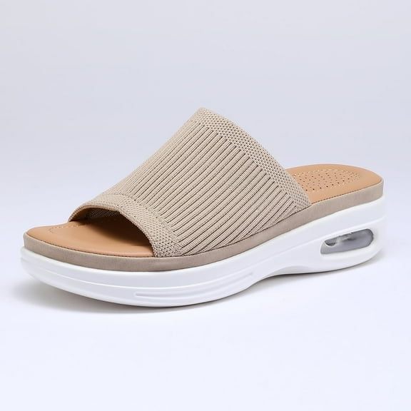 Pennysue Women's Air Cushion Knit Sandals Beige Lightweight Platform Slide Sandals 9M