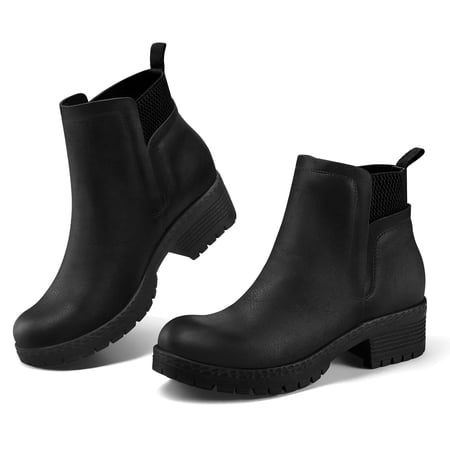 Pennysue Women's Ankle Boots Platform Lug Sole Chunky Heel Black Matte Chelsea Booties with Side Zipper Size 8
