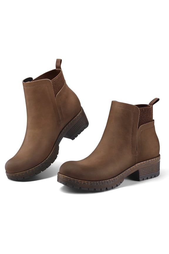 Pennysue Women's Ankle Boots Platform Lug Sole Chunky Heel Brown Chelsea Booties with Side Zipper Size 6.5