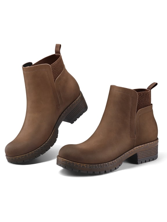 Pennysue Women's Ankle Boots Platform Lug Sole Chunky Heel Brown Chelsea Booties with Side Zipper Size 9
