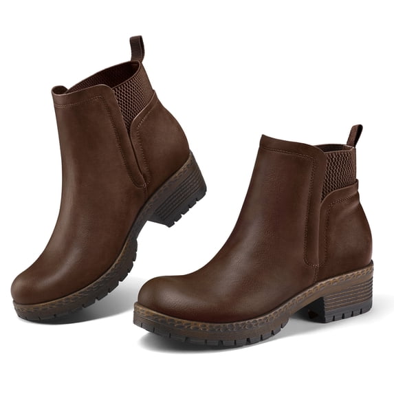 Pennysue Women's Ankle Boots Platform Lug Sole Chunky Heel Dark Brown Chelsea Booties with Side Zipper Size 8
