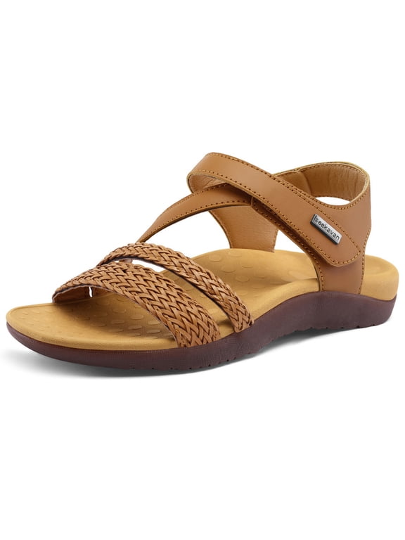Pennysue Women's Arch Support Sandals Brown Woven Orthopedic Walking Sandals 6.5M