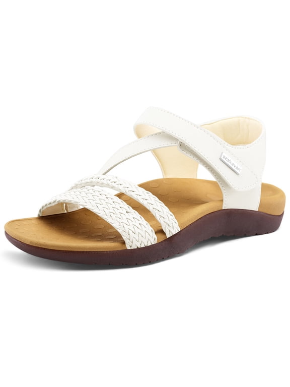 Pennysue Women's Arch Support Sandals White Woven Orthopedic Walking Sandals 7M