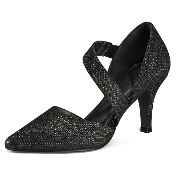 Pennysue Women's Black Glitter Strappy Short Heels With Pointed Toes Size 7