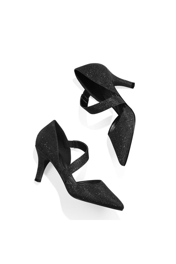 Pennysue Women's Black Glitter Strappy Short Heels With Pointed Toes Size 8.5