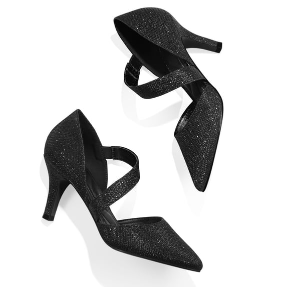 Pennysue Women's Black Glitter Strappy Short Heels With Pointed Toes Size 8