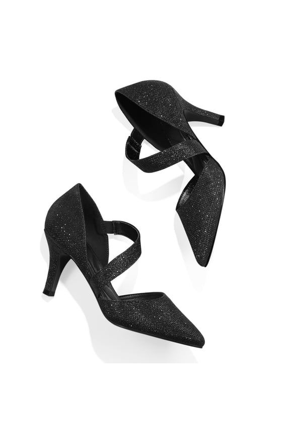 Pennysue Women's Black Glitter Strappy Short Heels With Pointed Toes Size 9