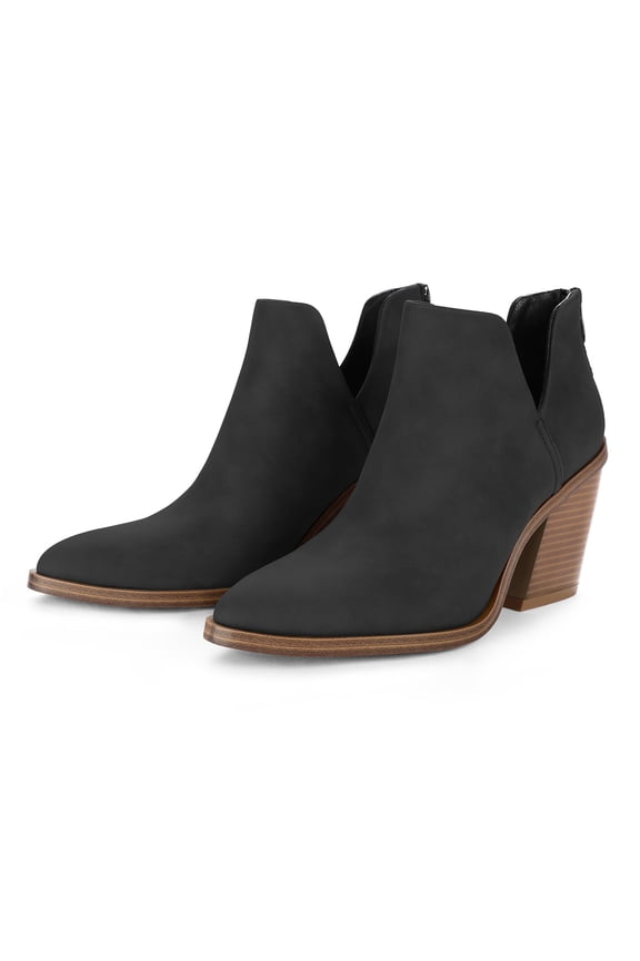 Pennysue Women's Black Nubuck Ankle Boots With Side Slit Pointed Thick Heeled Stacked Middle Heel Boots Size 8M
