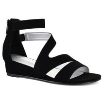 Pennysue Women's Black Nubuck Pu Open Toe Shoes Ankle Strap Low Wedge Sandals 7.5M