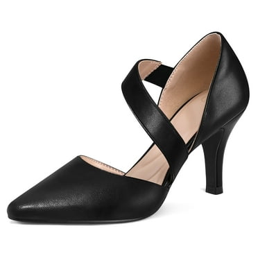 Pennysue Women's Black PU Strappy Short Heels With Pointed Toes Size 6
