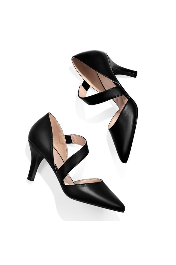 Pennysue Women's Pointed Toe 3-Inch Heels Elastic Strap Pumps with Memory Foam Insole Dress Shoes for Wedding Party Work Black Pu 7.5