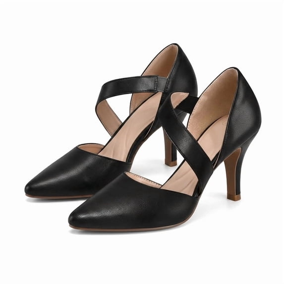 Pennysue Women's Black PU Strappy Short Heels With Pointed Toes Size 8.5