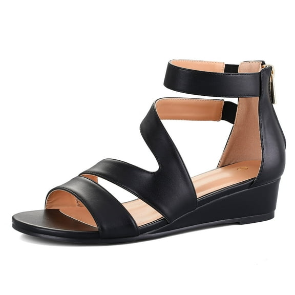 Pennysue Women's Black Pu Open Toe Shoes Ankle Strap Low Wedge Sandals 6.5M